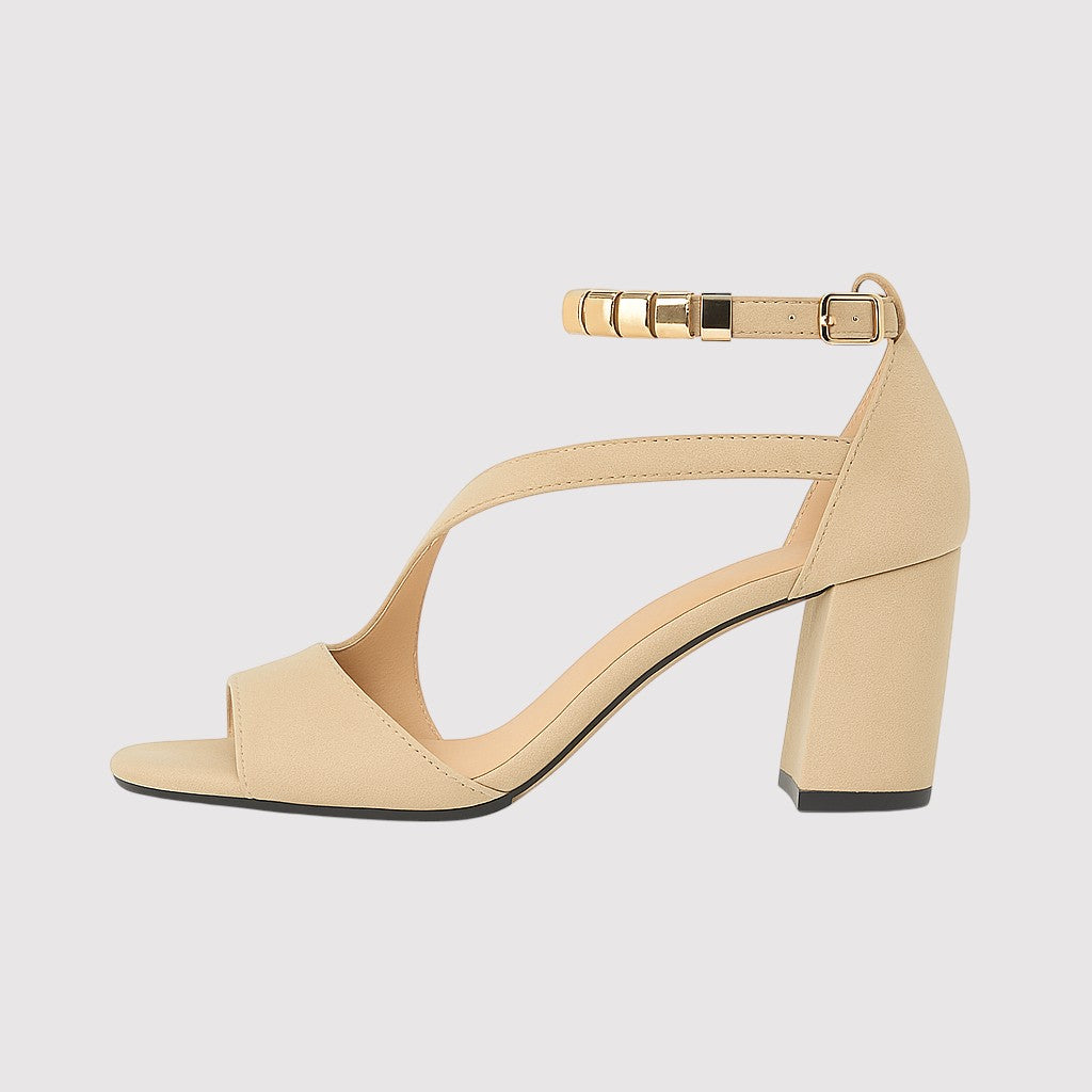 Sandals with open toe, block heel, asymmetric straps, and metallic ankle strap detailing