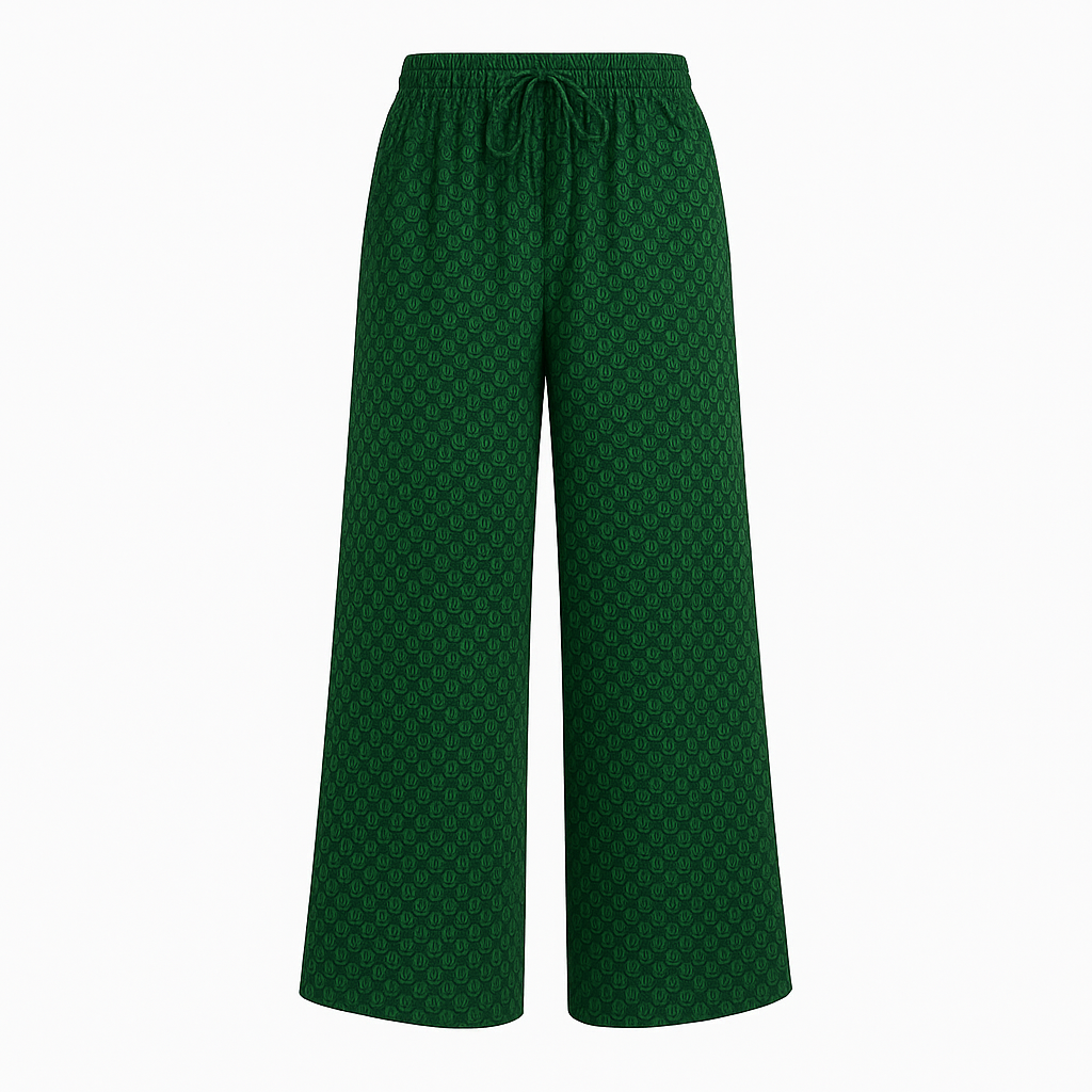 Flowy boho wide-leg pants with drawstring waistband and relaxed fit, styled for a casual summer look