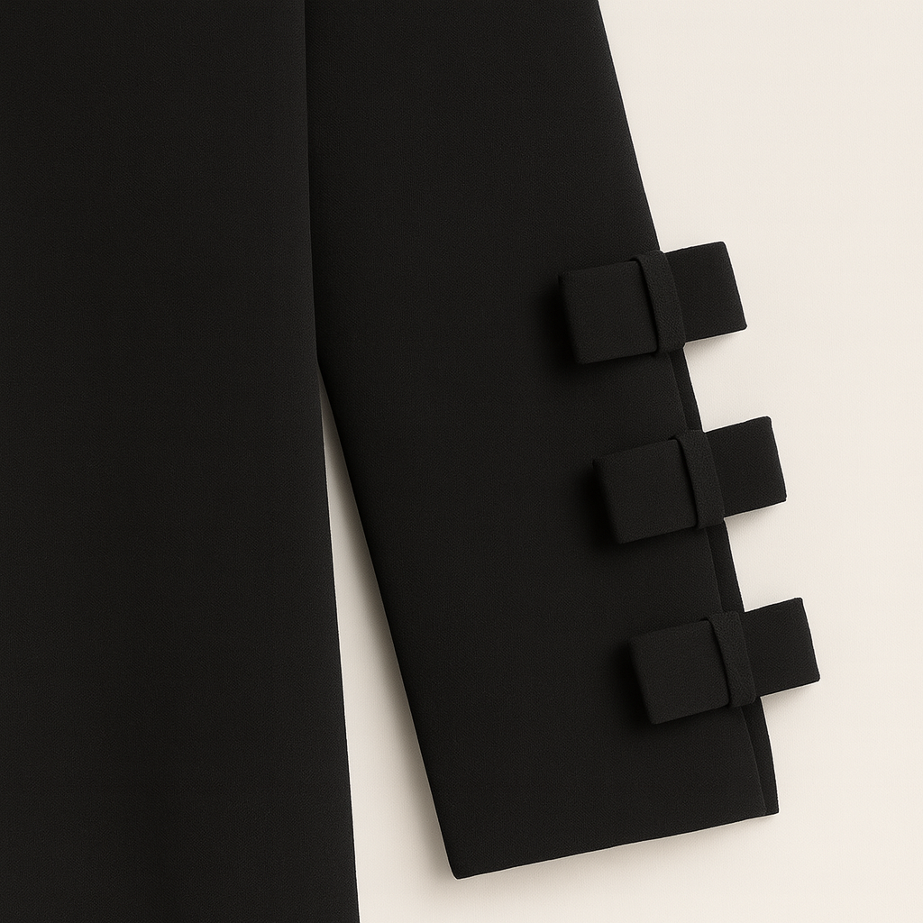 Long-sleeve shift dress featuring a round neckline and decorative bow accents on the sleeves.