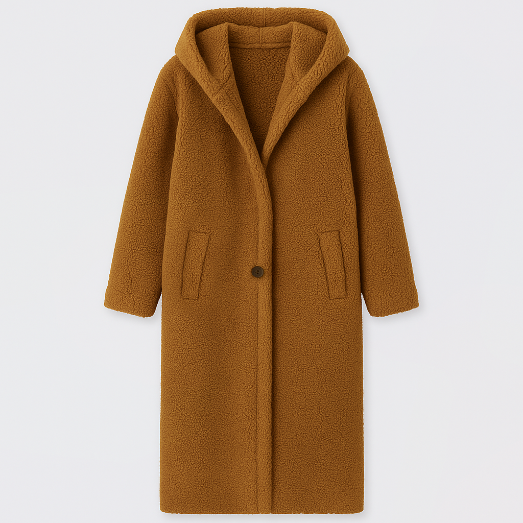 hooded sherpa coat with open front and soft fleece texture, designed for cozy cold-weather layering