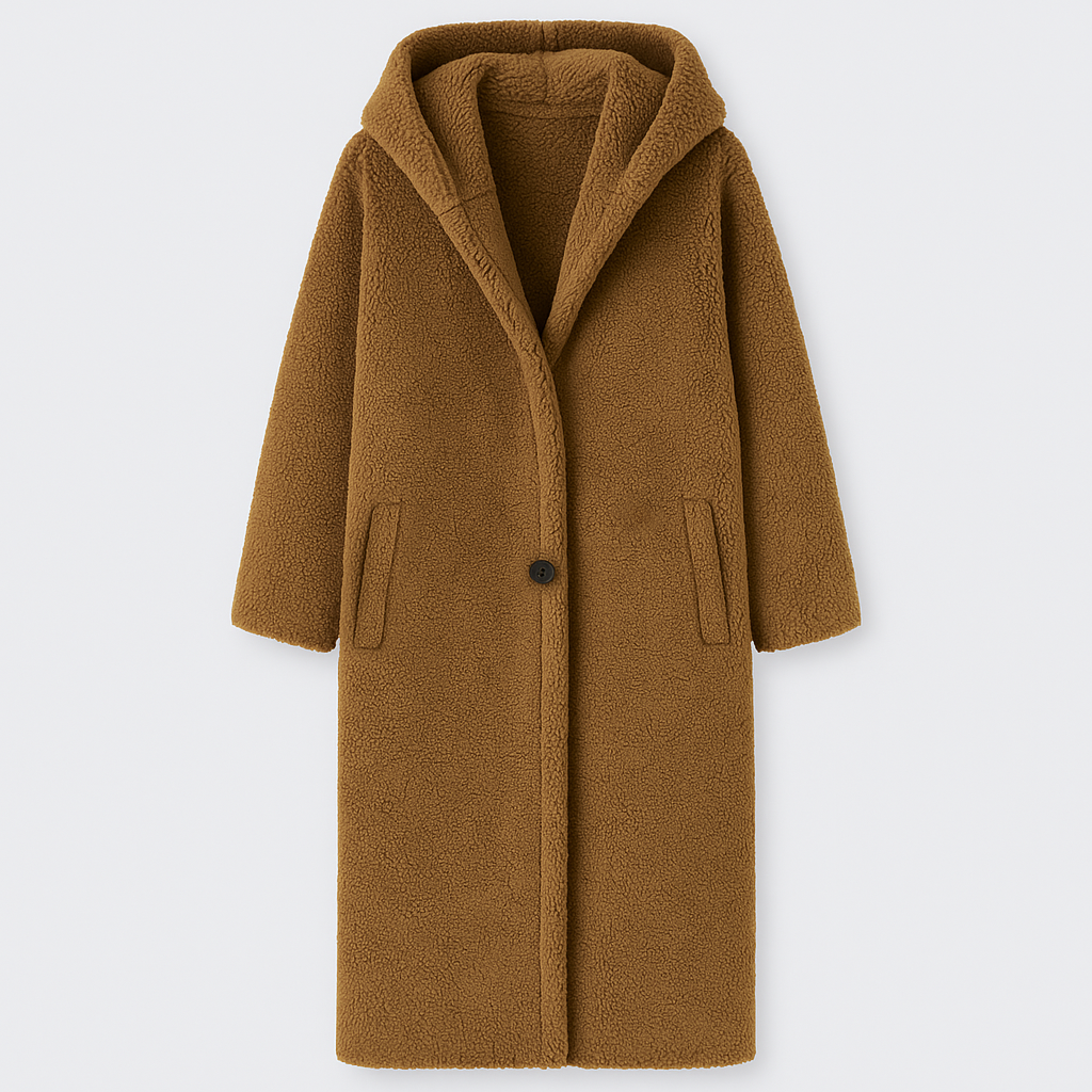 hooded sherpa coat with open front and soft fleece texture, designed for cozy cold-weather layering
