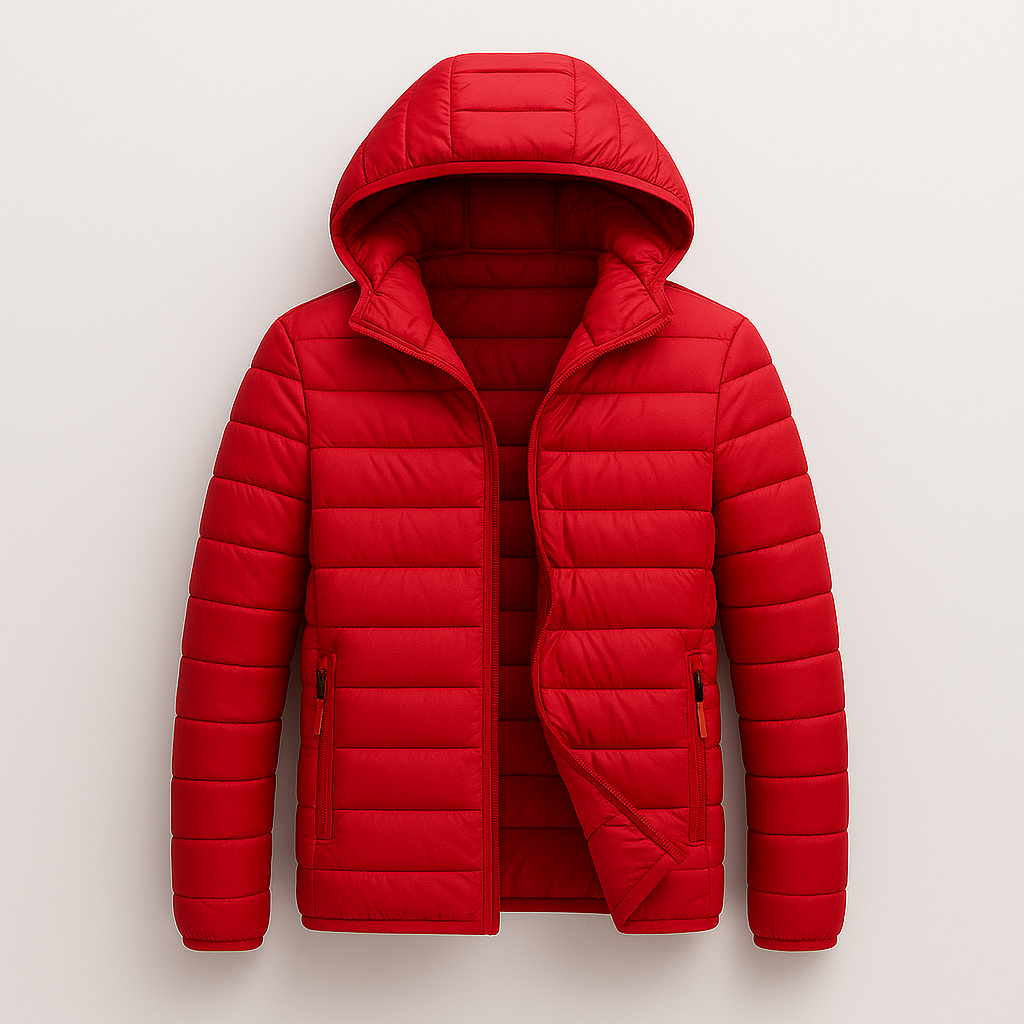 Quilted hooded puffer jacket with front zipper and lightweight down filling, designed for casual cold-weather wear