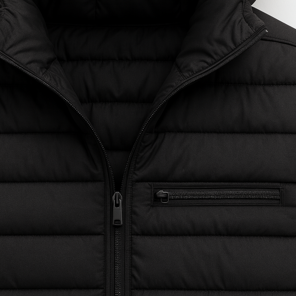 Quilted hooded puffer jacket with front zipper and lightweight down filling, designed for casual cold-weather wear