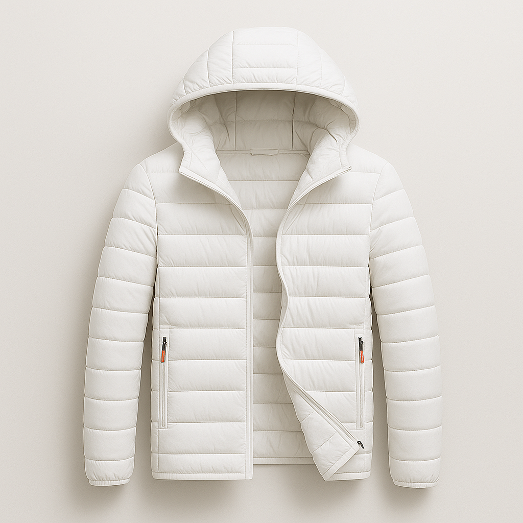 Quilted hooded puffer jacket with front zipper and lightweight down filling, designed for casual cold-weather wear