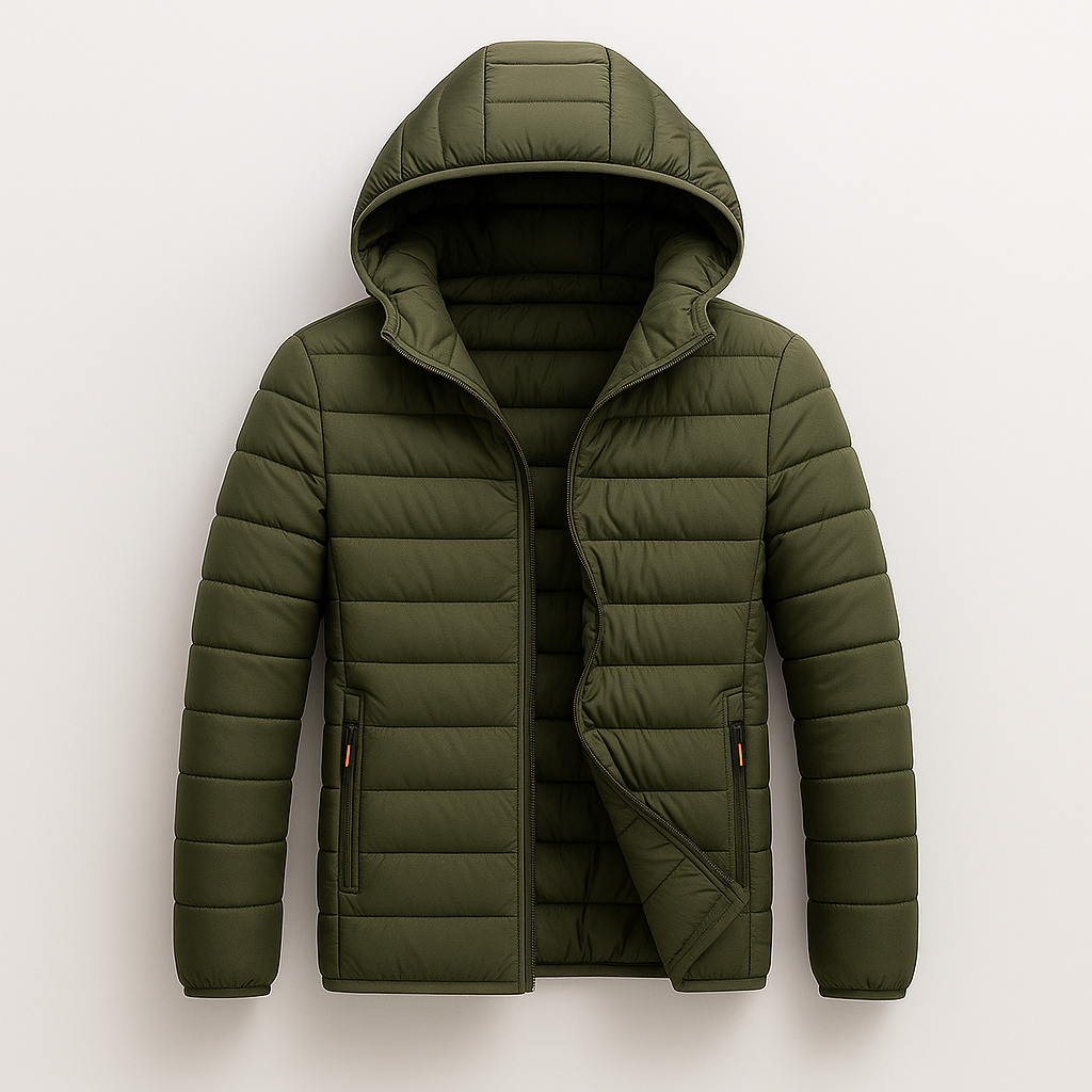 Quilted hooded puffer jacket with front zipper and lightweight down filling, designed for casual cold-weather wear