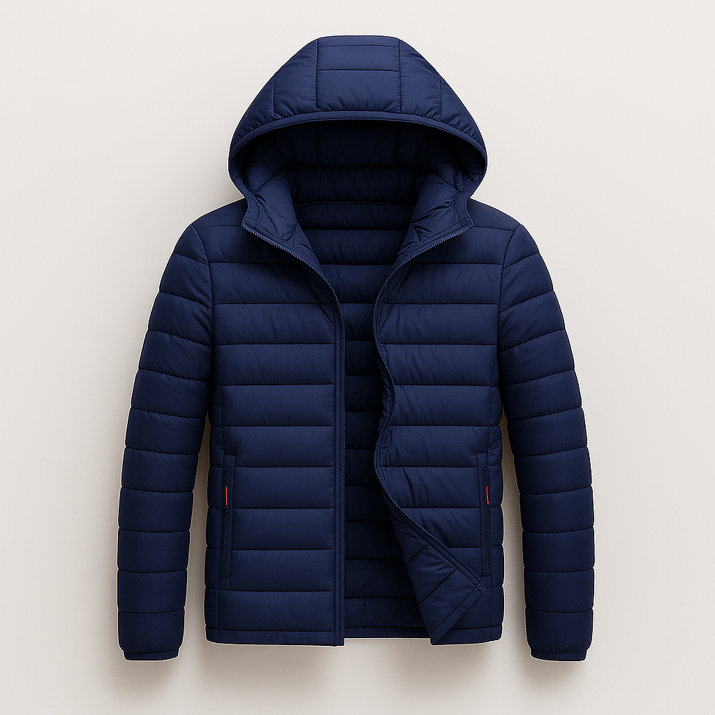 Quilted hooded puffer jacket with front zipper and lightweight down filling, designed for casual cold-weather wear