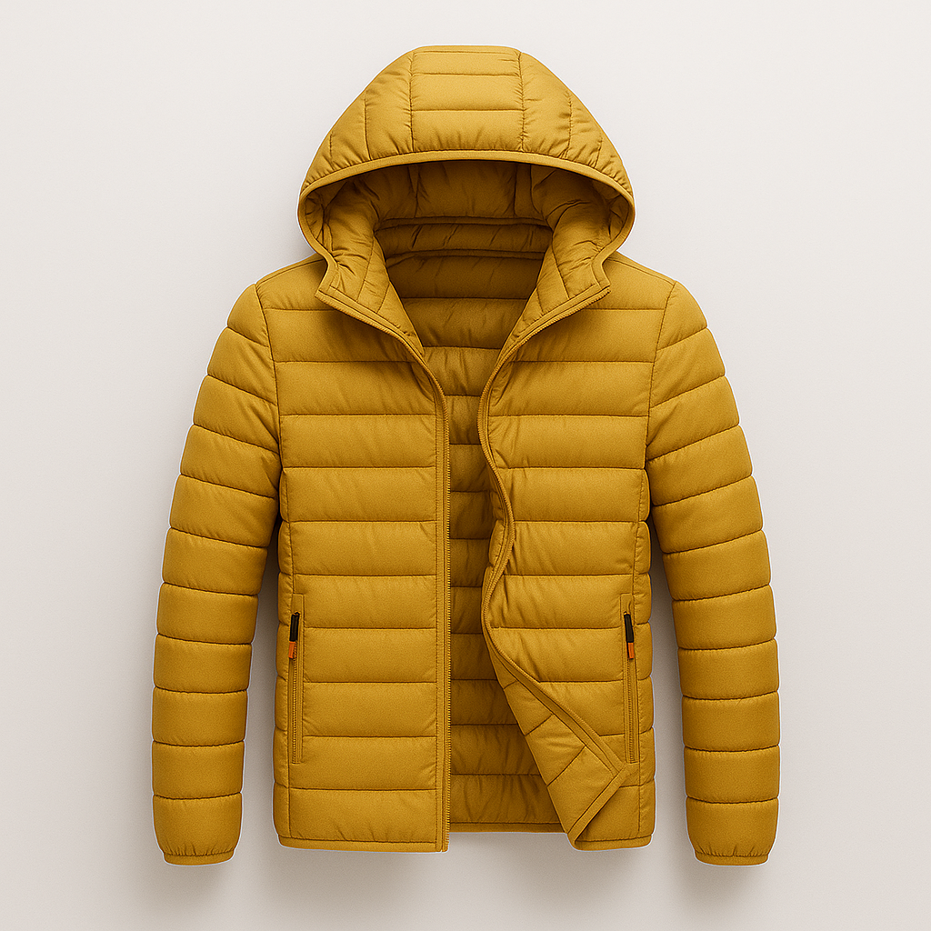 Quilted hooded puffer jacket with front zipper and lightweight down filling, designed for casual cold-weather wear