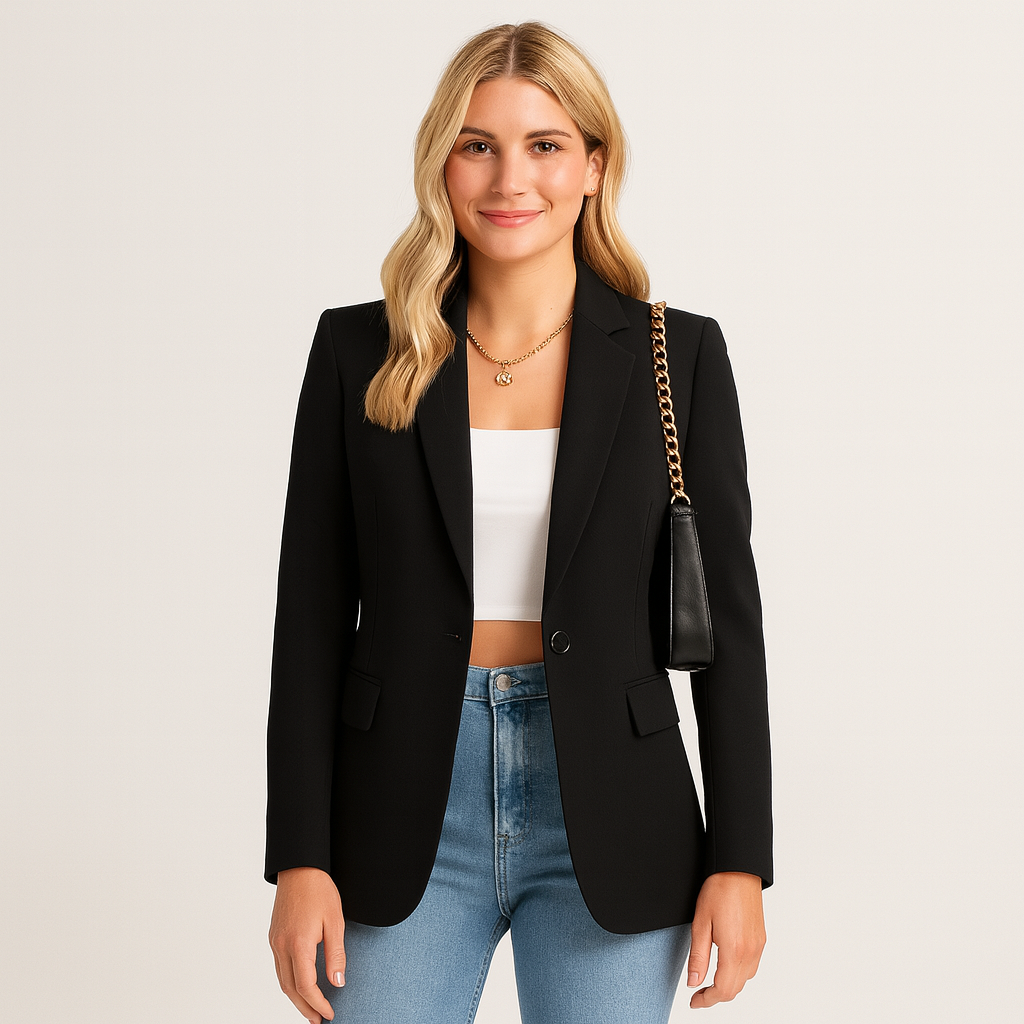 Tailored blazer featuring a notched lapel collar, single-button closure, flap pockets at the front, and long sleeves.