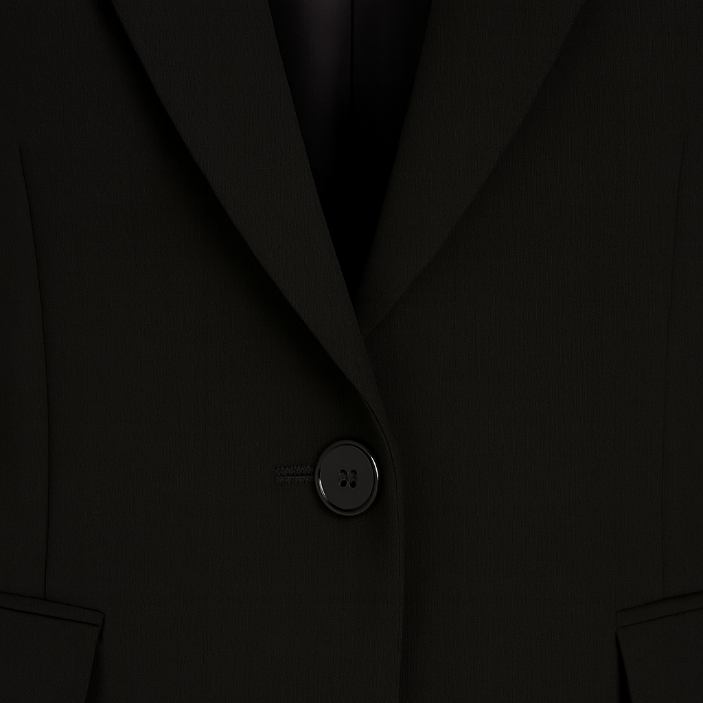 Tailored blazer featuring a notched lapel collar, single-button closure, flap pockets at the front, and long sleeves.