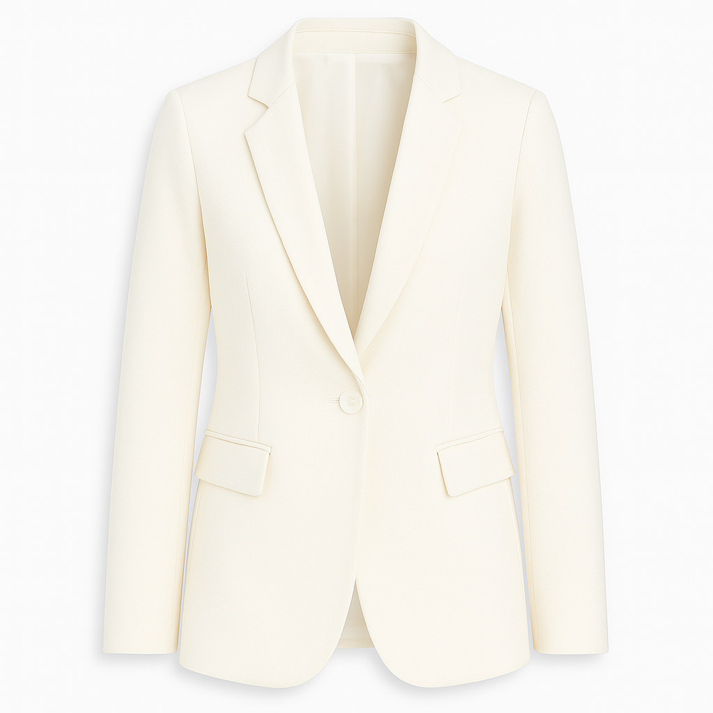 Tailored blazer featuring a notched lapel collar, single-button closure, flap pockets at the front, and long sleeves.