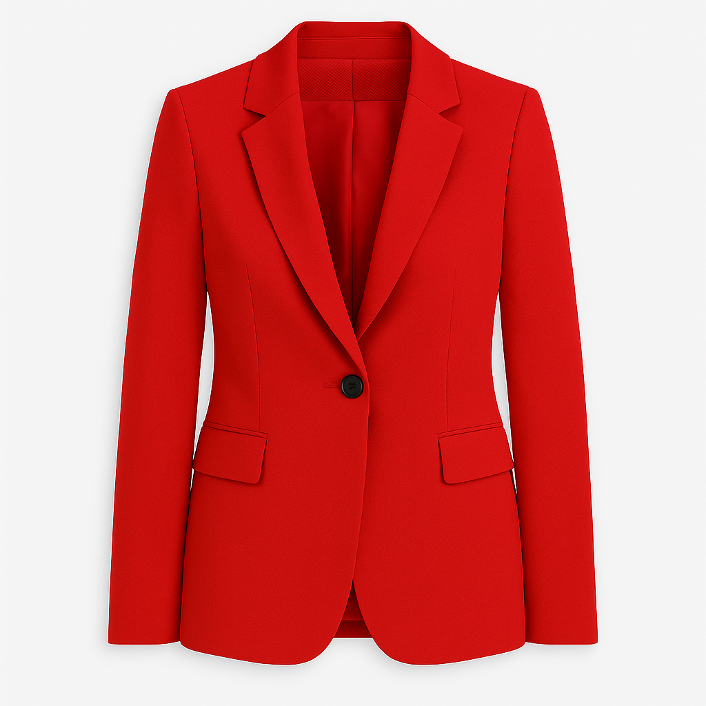 Tailored blazer featuring a notched lapel collar, single-button closure, flap pockets at the front, and long sleeves.