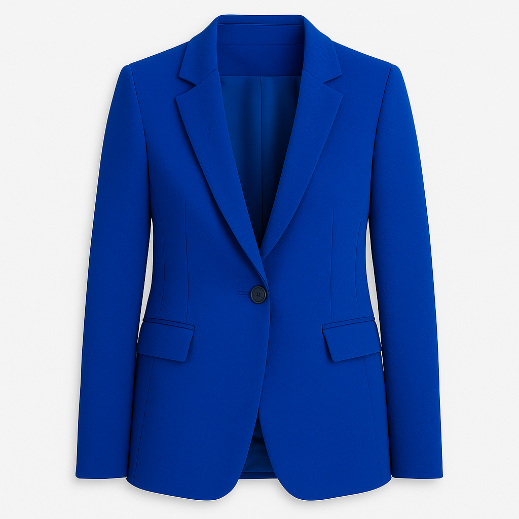 Tailored blazer featuring a notched lapel collar, single-button closure, flap pockets at the front, and long sleeves.