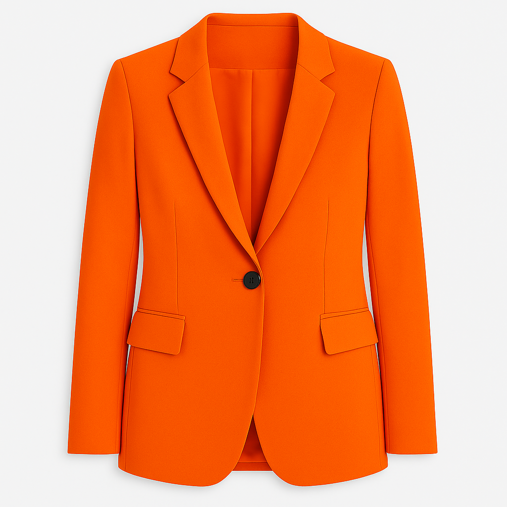 Tailored blazer featuring a notched lapel collar, single-button closure, flap pockets at the front, and long sleeves.