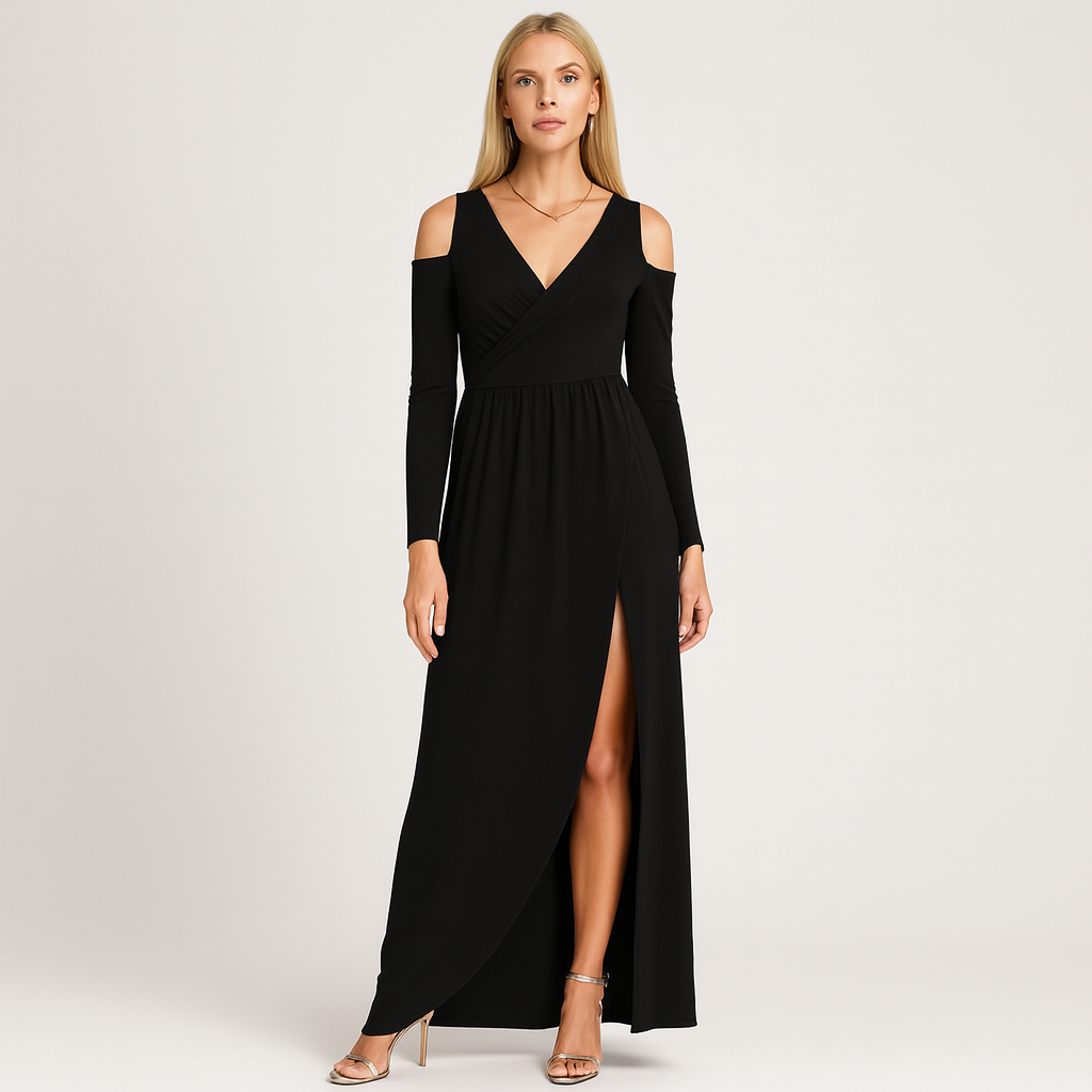 Long-sleeve maxi dress featuring a deep V-neckline, cold-shoulder cutouts, a gathered waist, and a front overlap slit.
