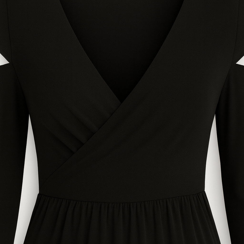 Long-sleeve maxi dress featuring a deep V-neckline, cold-shoulder cutouts, a gathered waist, and a front overlap slit.