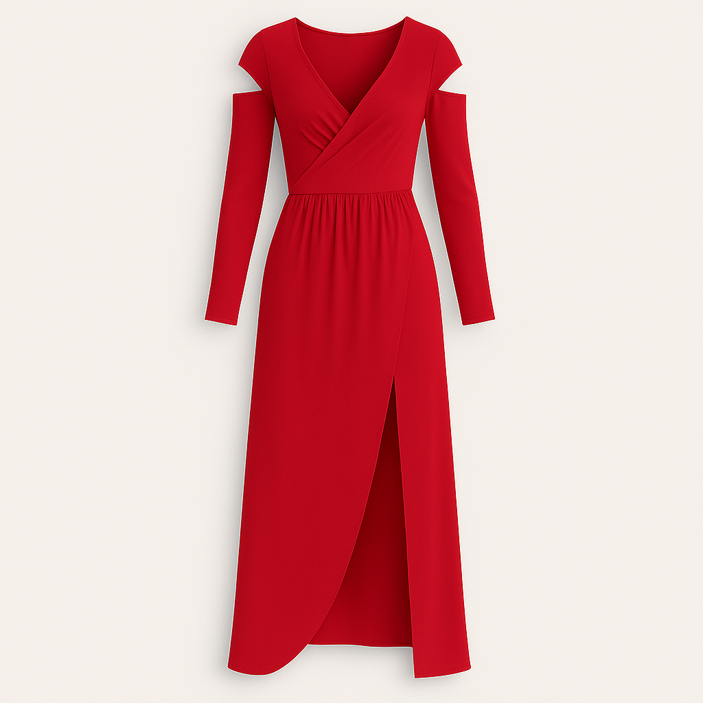 Long-sleeve maxi dress featuring a deep V-neckline, cold-shoulder cutouts, a gathered waist, and a front overlap slit.