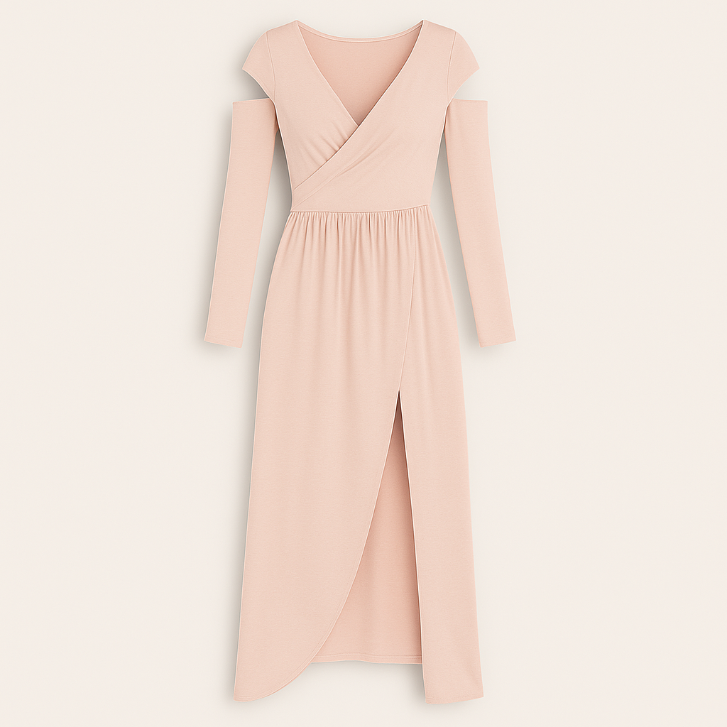 Long-sleeve maxi dress featuring a deep V-neckline, cold-shoulder cutouts, a gathered waist, and a front overlap slit.