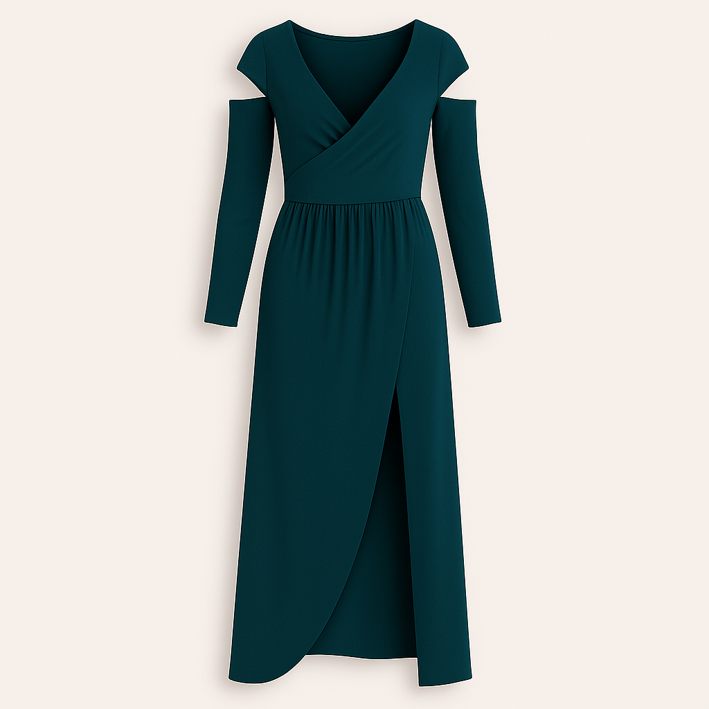 Long-sleeve maxi dress featuring a deep V-neckline, cold-shoulder cutouts, a gathered waist, and a front overlap slit.