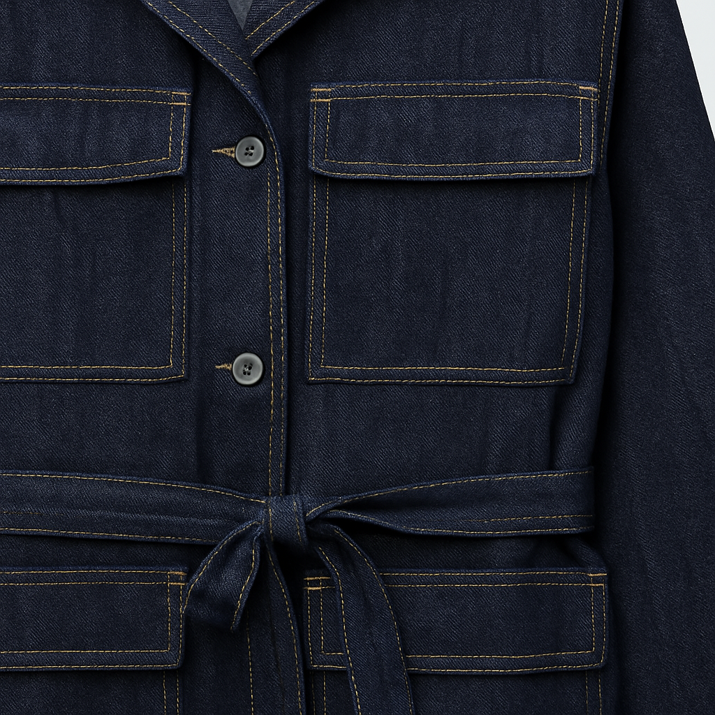 A denim jacket with long sleeves, a notched collar, button front, large patch pockets, and a tie belt.