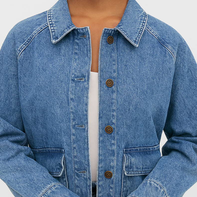 A mid-wash blue denim jacket with a pointed collar, button-down front, long sleeves, and a relaxed hip-length fit