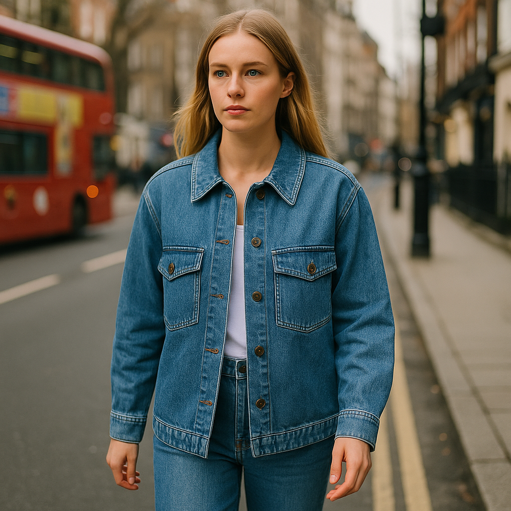 A mid-wash blue denim jacket with a pointed collar, button-down front, long sleeves, and a relaxed hip-length fit
