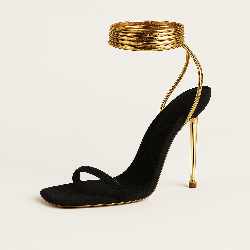 Stiletto sandal with minimalist strap and metallic coil ankle wrap