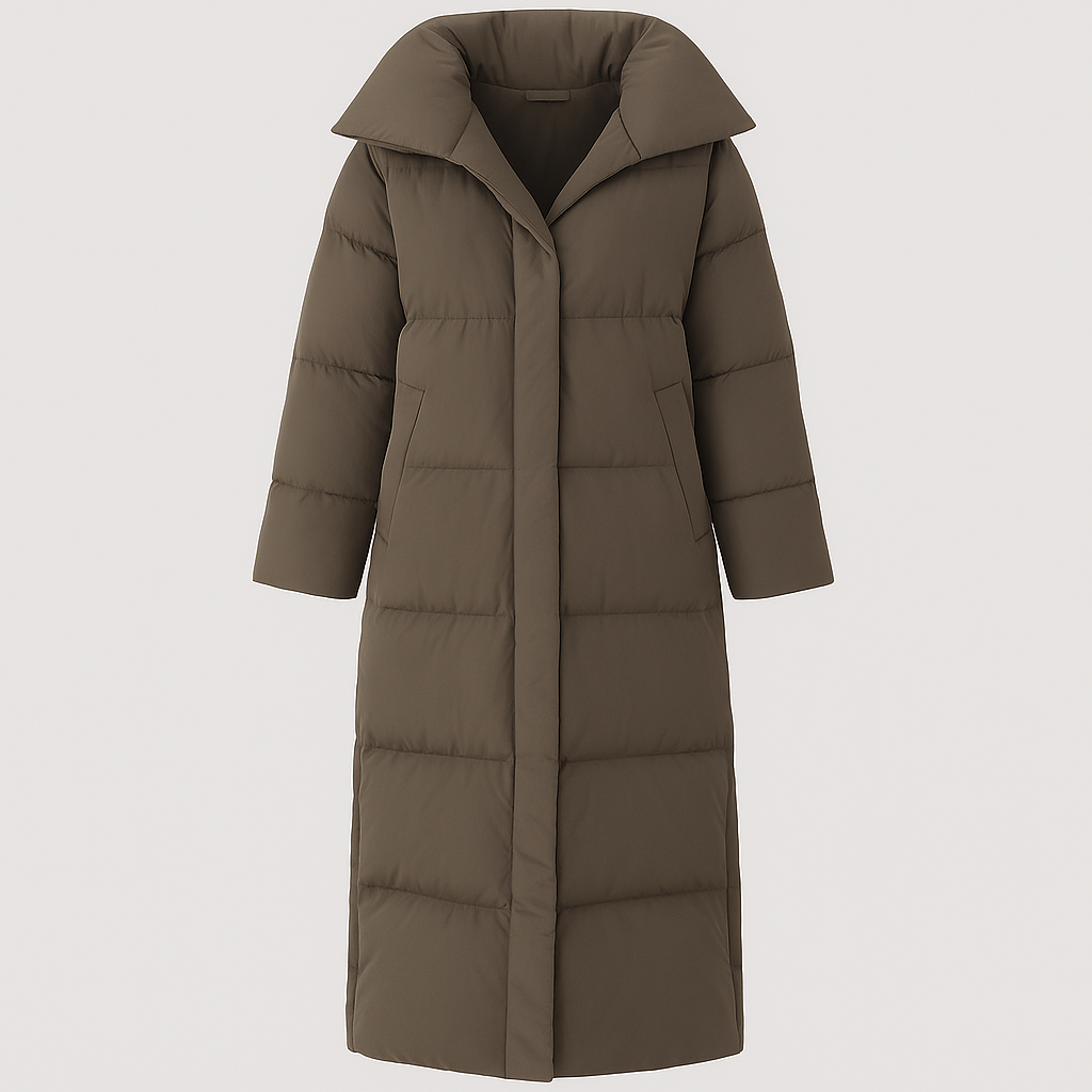 Long puffer coat with oversized collar and quilted design, styled for modern cold-weather wear