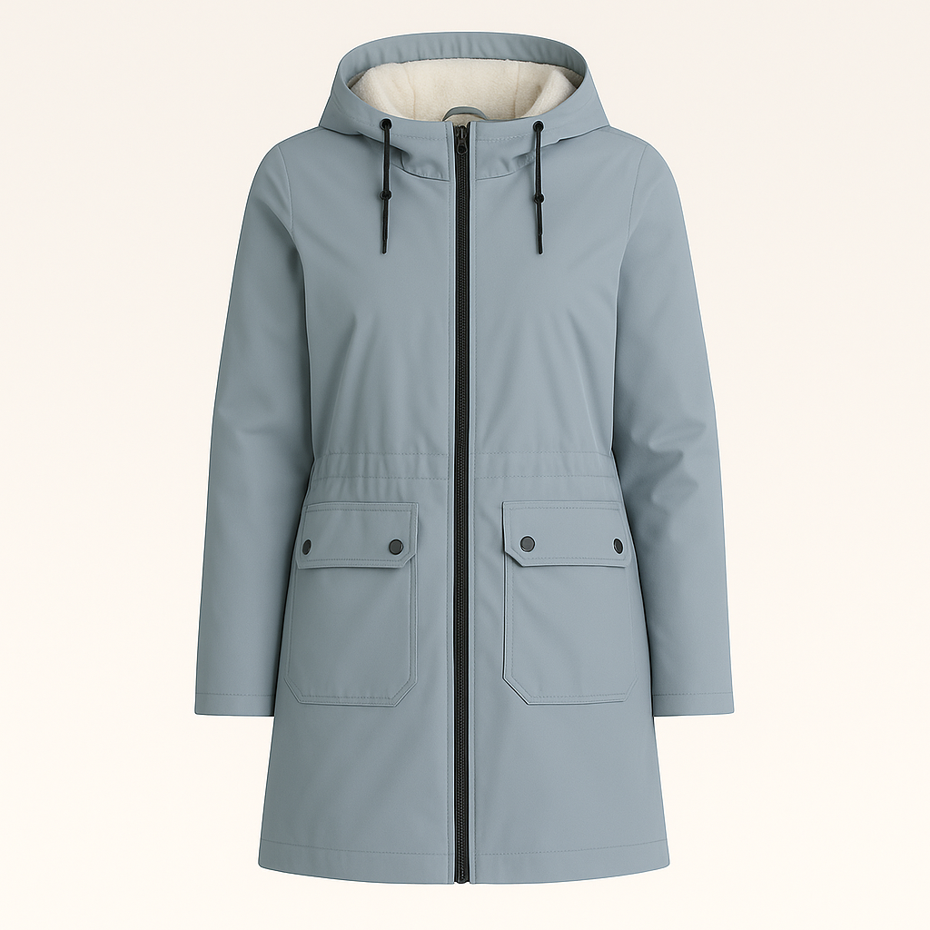Utility parka with hood, zip-front closure, flap pockets, and soft inner lining, styled for casual outdoor wear