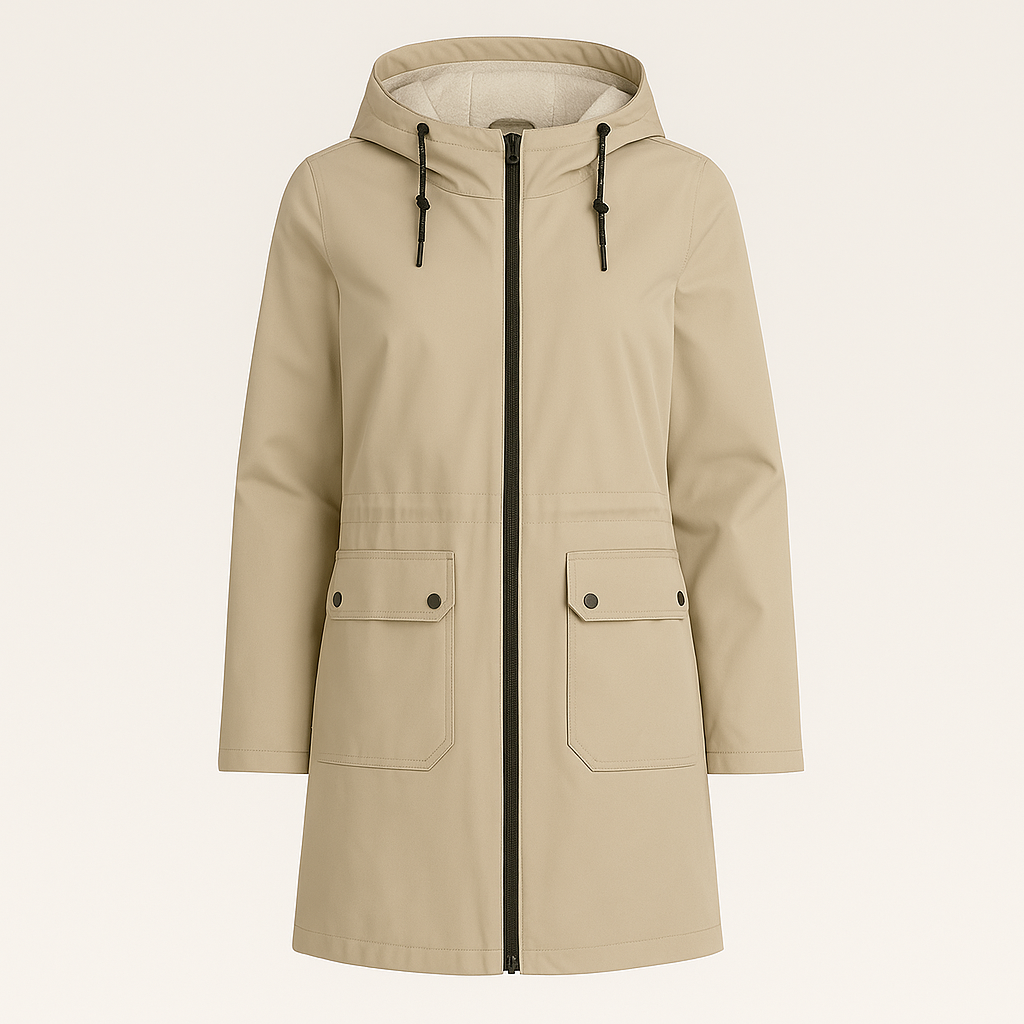 Utility parka with hood, zip-front closure, flap pockets, and soft inner lining, styled for casual outdoor wear
