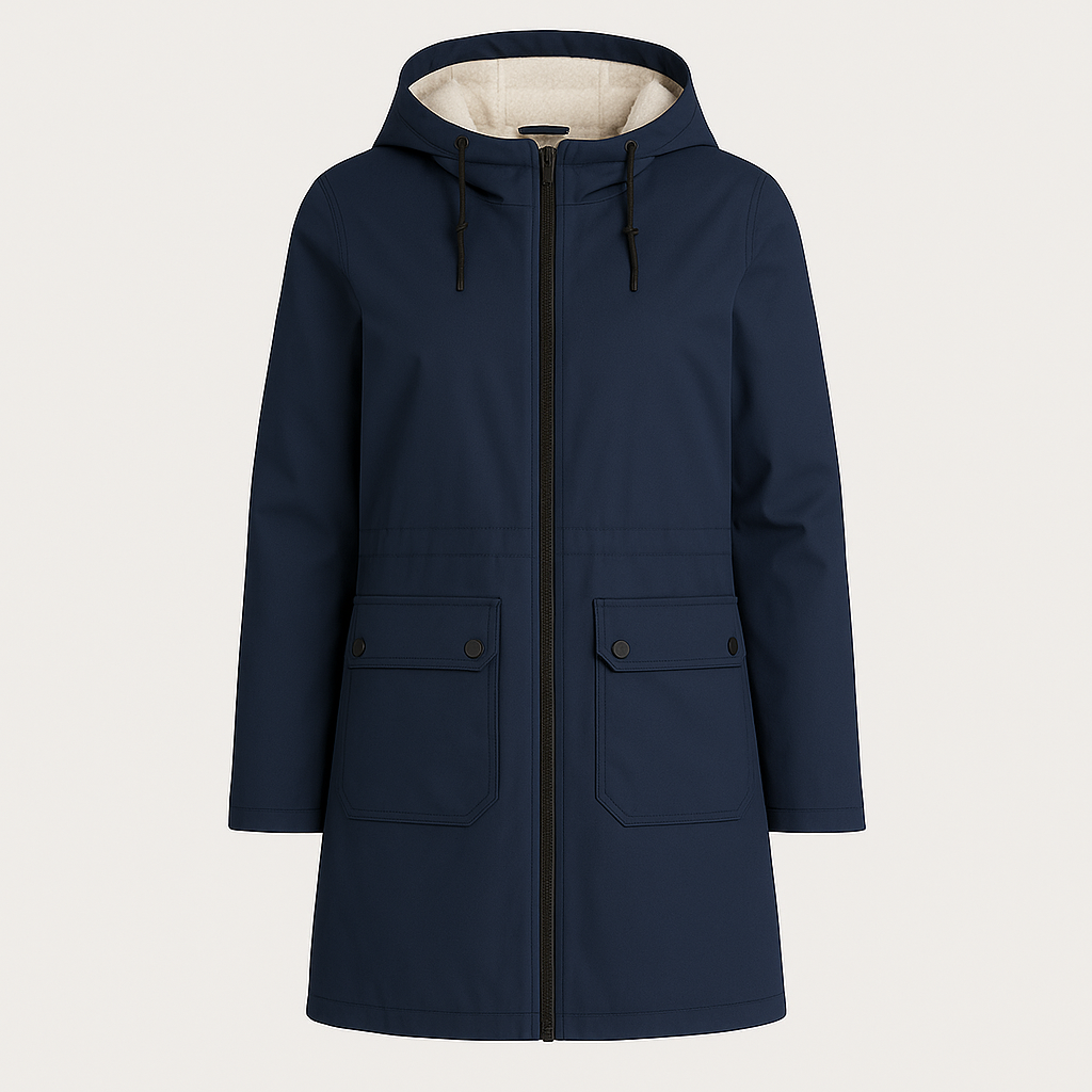 Utility parka with hood, zip-front closure, flap pockets, and soft inner lining, styled for casual outdoor wear