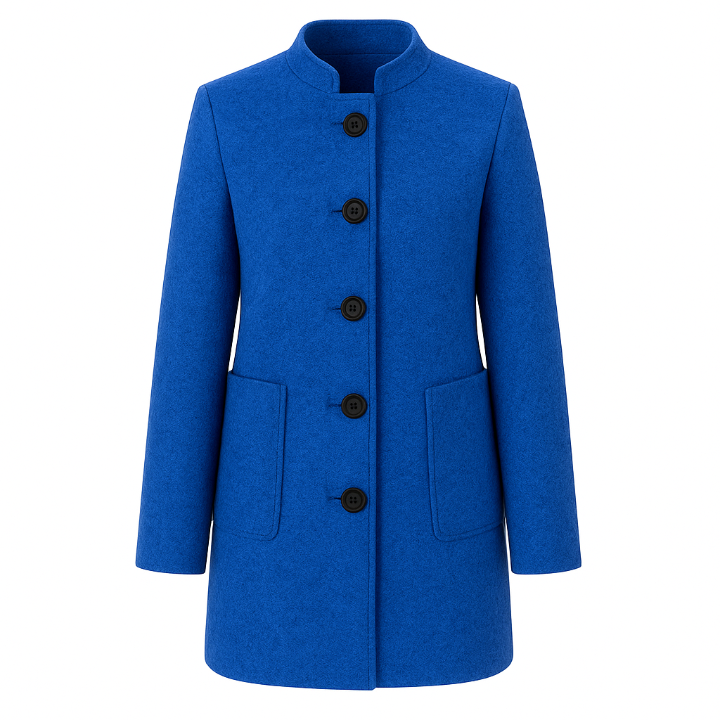 Long-sleeve wool coat with a stand collar, front button closure, and large patch pockets.
