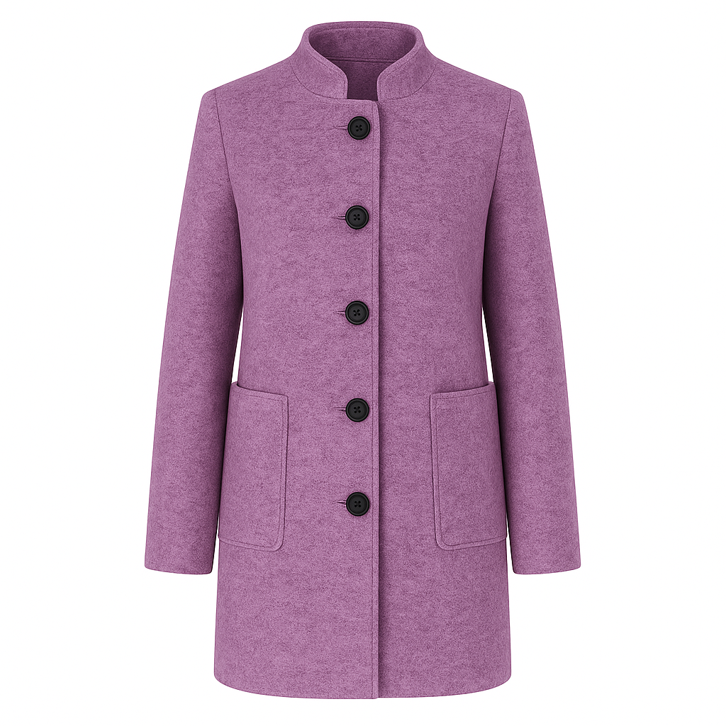 Long-sleeve wool coat with a stand collar, front button closure, and large patch pockets.