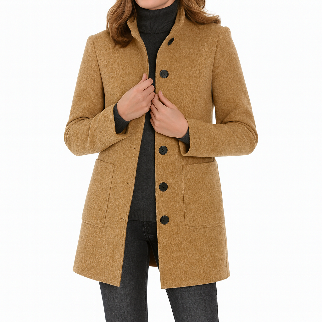 Long-sleeve wool coat with a stand collar, front button closure, and large patch pockets.
