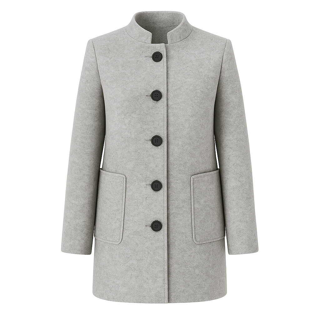 Long-sleeve wool coat with a stand collar, front button closure, and large patch pockets.