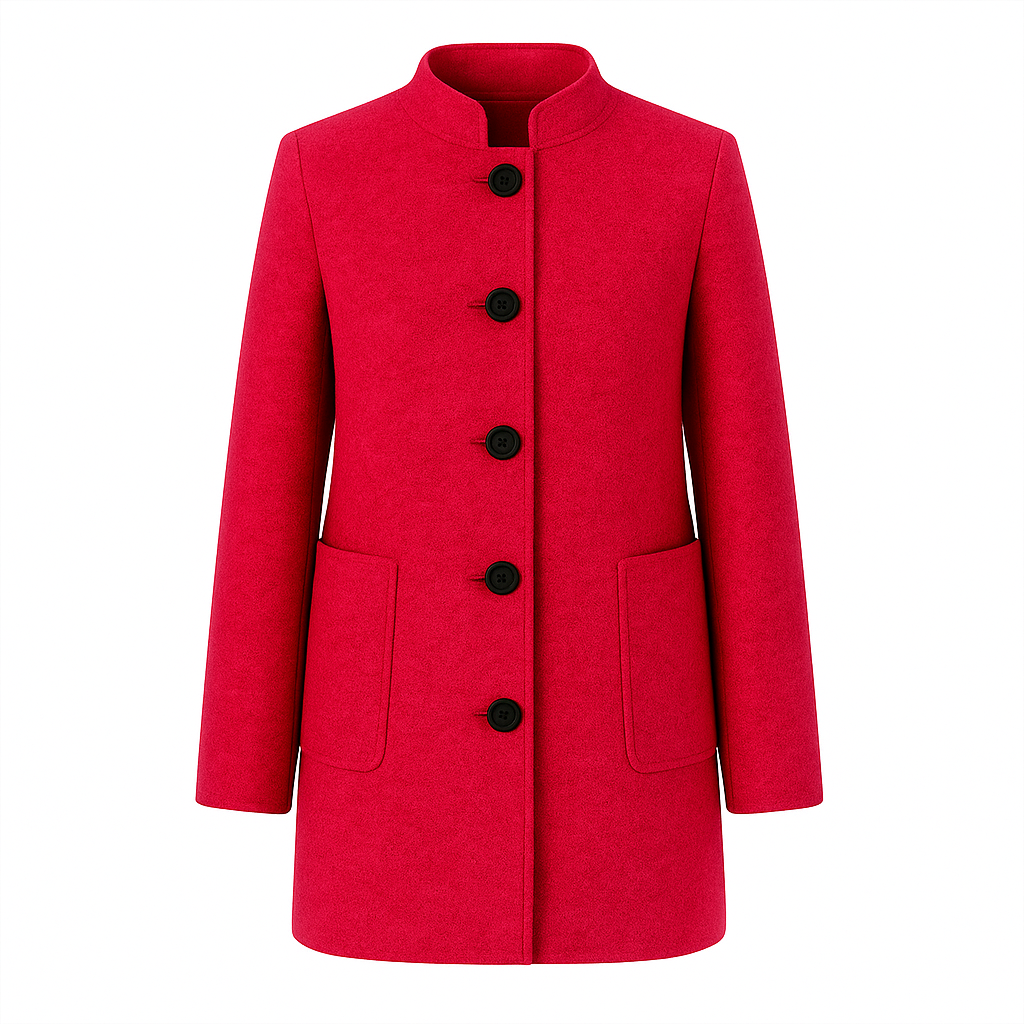 Long-sleeve wool coat with a stand collar, front button closure, and large patch pockets.