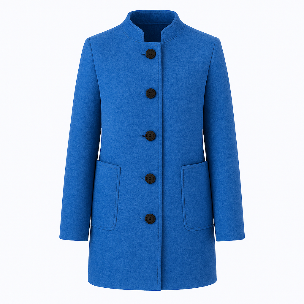 Long-sleeve wool coat with a stand collar, front button closure, and large patch pockets.
