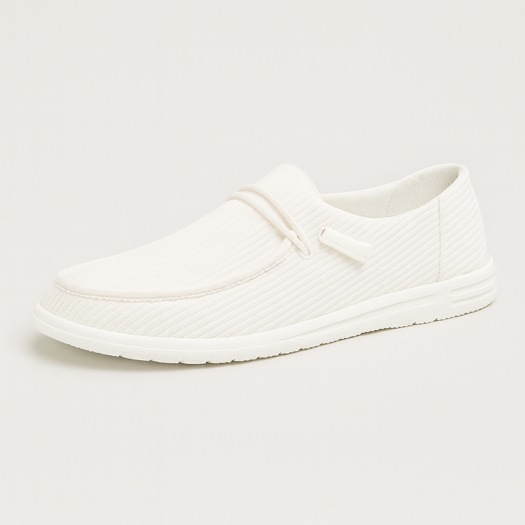 Slip-on casual loafers with ribbed fabric texture, round toe, lace-up accent on the side, and cushioned lightweight sole.