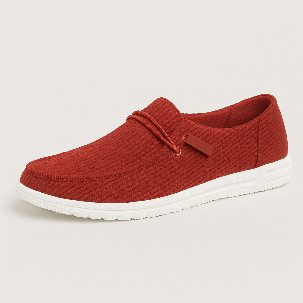 Slip-on casual loafers with ribbed fabric texture, round toe, lace-up accent on the side, and cushioned lightweight sole.