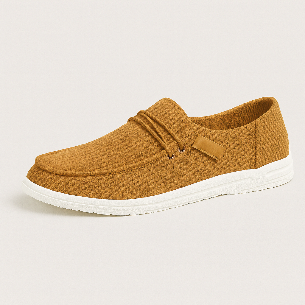 Slip-on casual loafers with ribbed fabric texture, round toe, lace-up accent on the side, and cushioned lightweight sole.