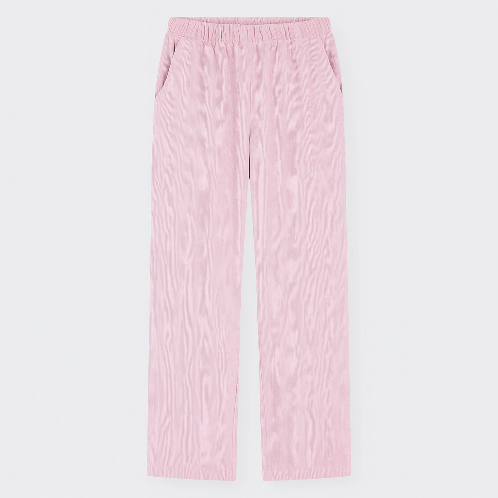 Relaxed cotton pants with elastic waistband and subtle pinstripe texture.