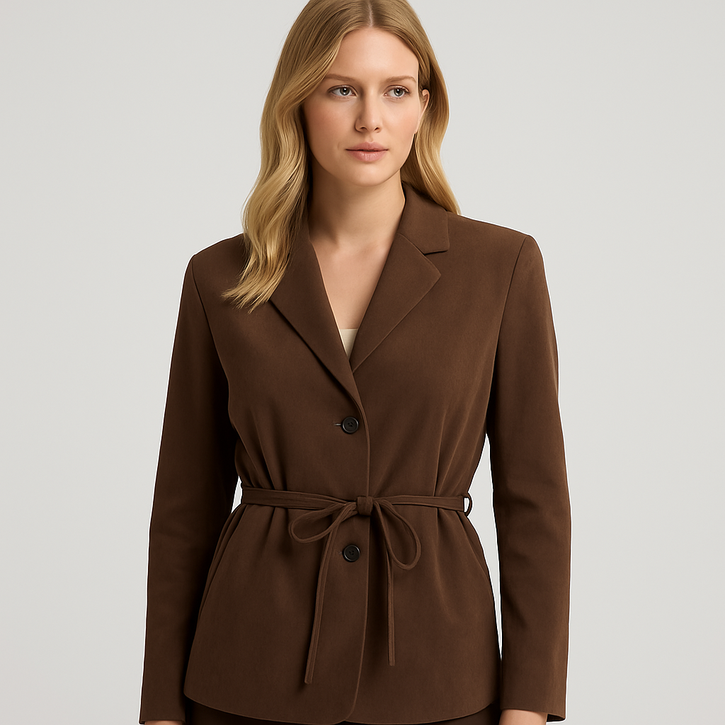 Brown faux suede blazer with notched lapel, button closure, and adjustable tie waist, displayed on a mannequin