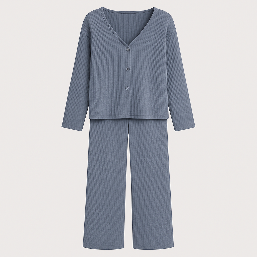 Relaxed lounge set with button-up top and wide-leg pants, styled for lightweight casual comfort