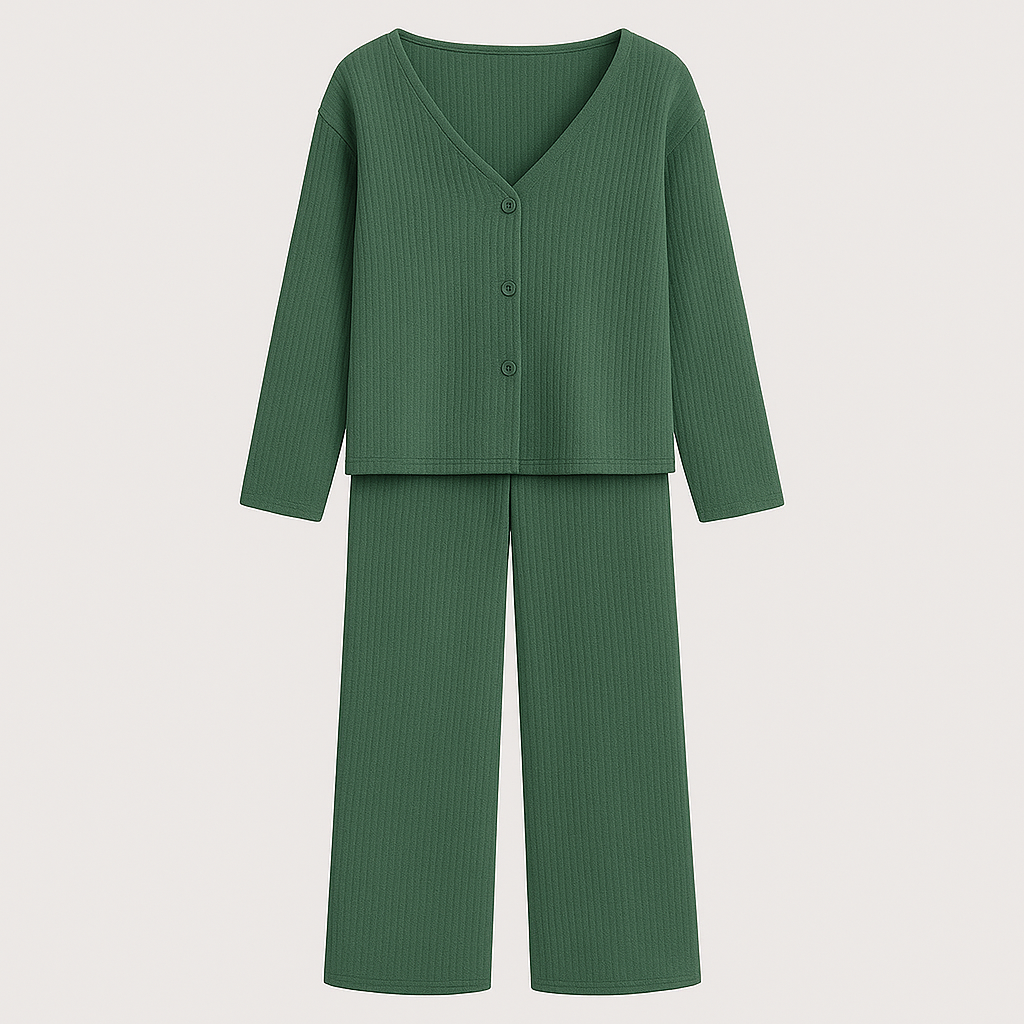 Relaxed lounge set with button-up top and wide-leg pants, styled for lightweight casual comfort