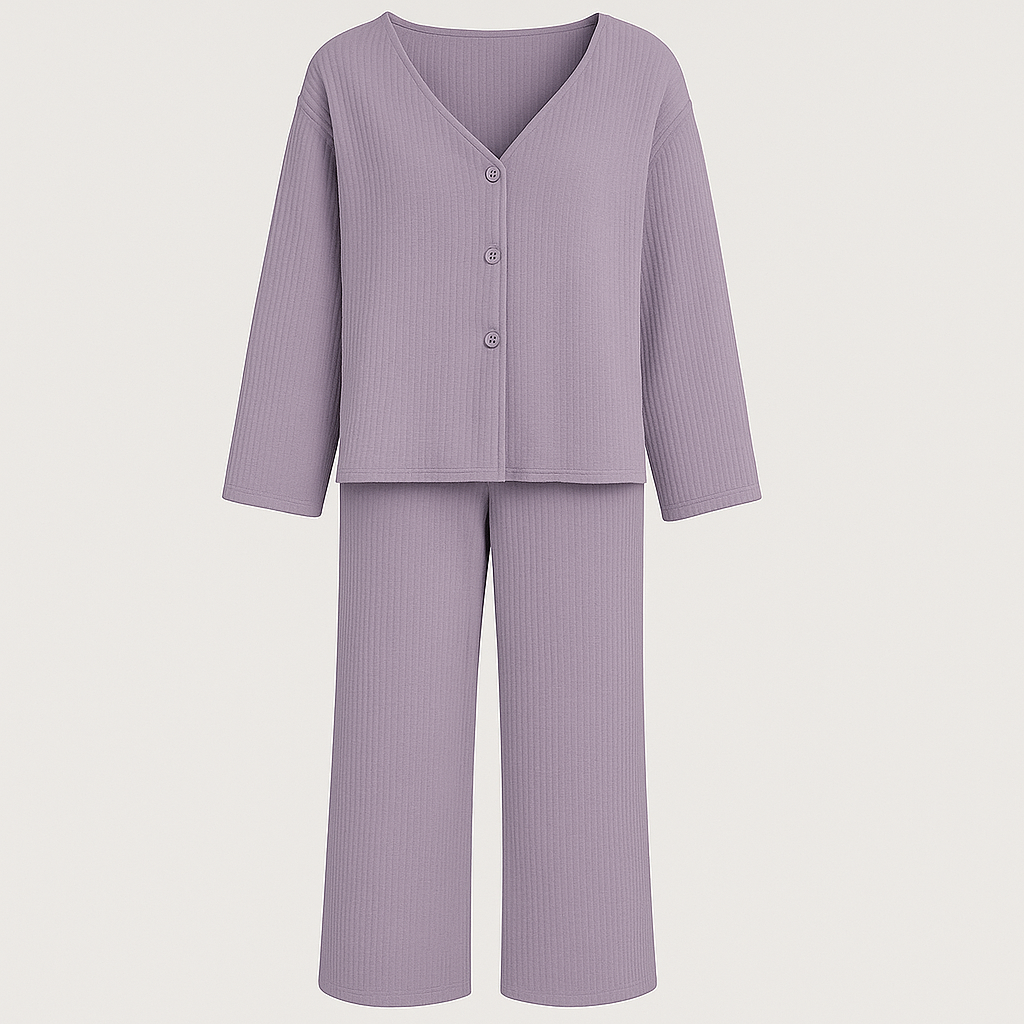 Relaxed lounge set with button-up top and wide-leg pants, styled for lightweight casual comfort