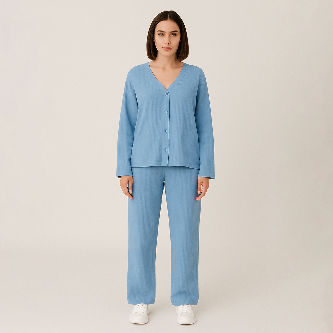 Relaxed lounge set with button-up top and wide-leg pants, styled for lightweight casual comfort