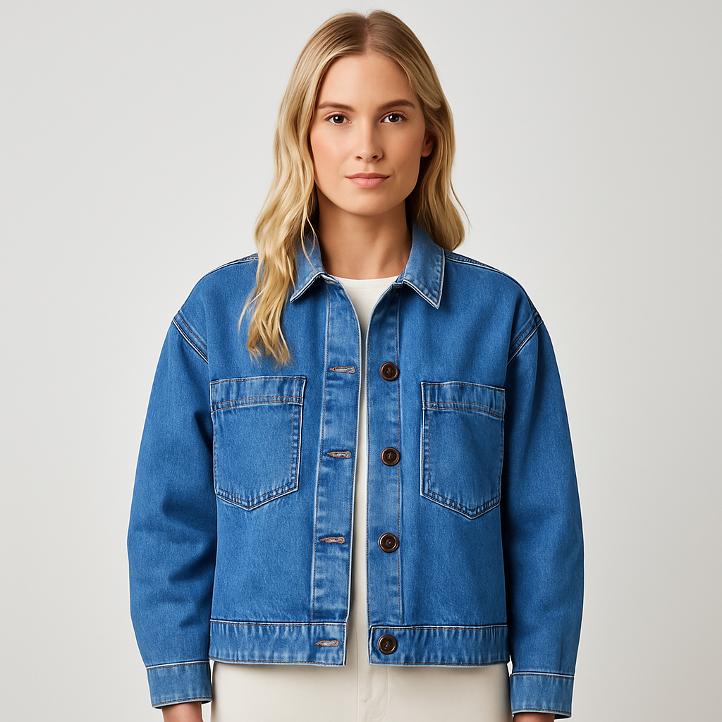 An oversized light blue denim jacket with dropped shoulders and chest pockets