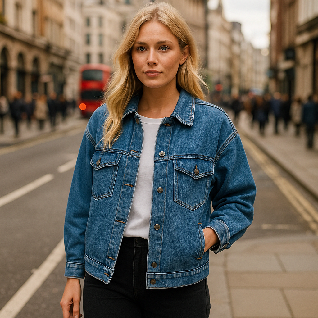 An oversized light blue denim jacket with dropped shoulders and chest pockets