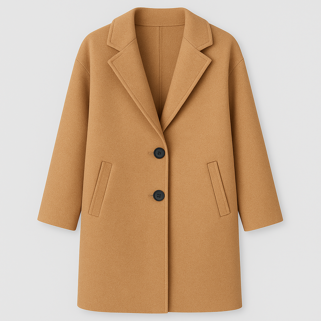 A sleek longline coat featuring a classic notched lapel collar, two-button front closure, and side welt pockets. The minimalist design offers a timeless and sophisticated look suitable for both formal and casual occasions.