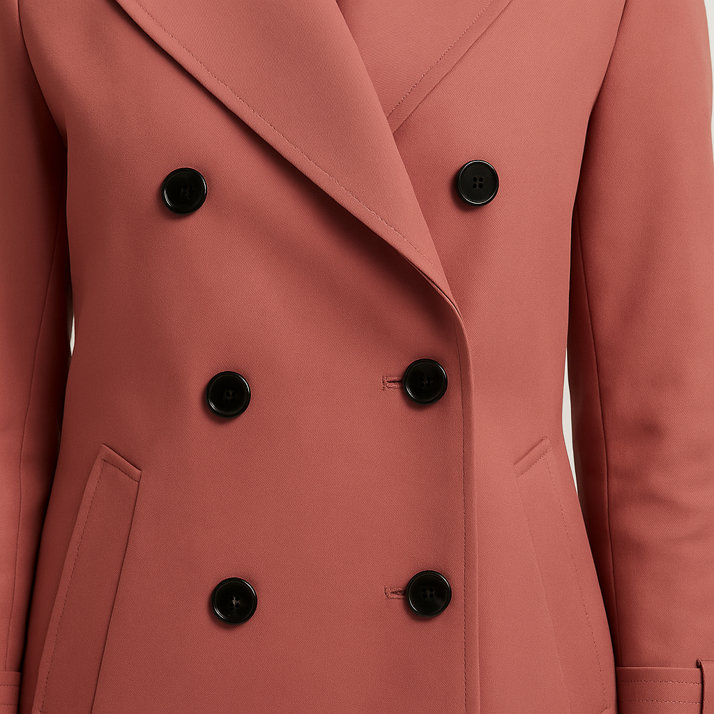 Double-breasted trench coat with notched lapel collar, longline silhouette, and tailored fit, styled with denim and a casual base layer