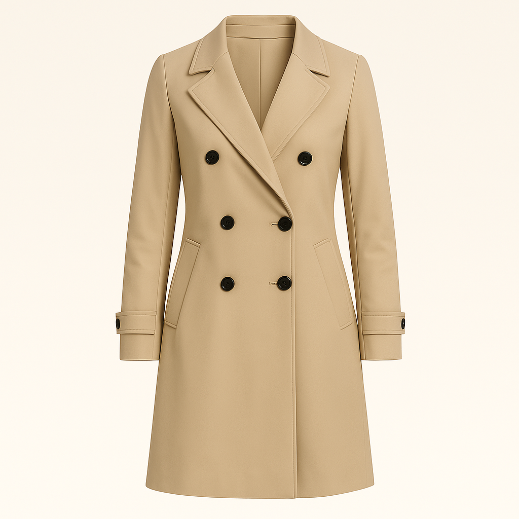 Double-breasted trench coat with notched lapel collar, longline silhouette, and tailored fit, styled with denim and a casual base layer